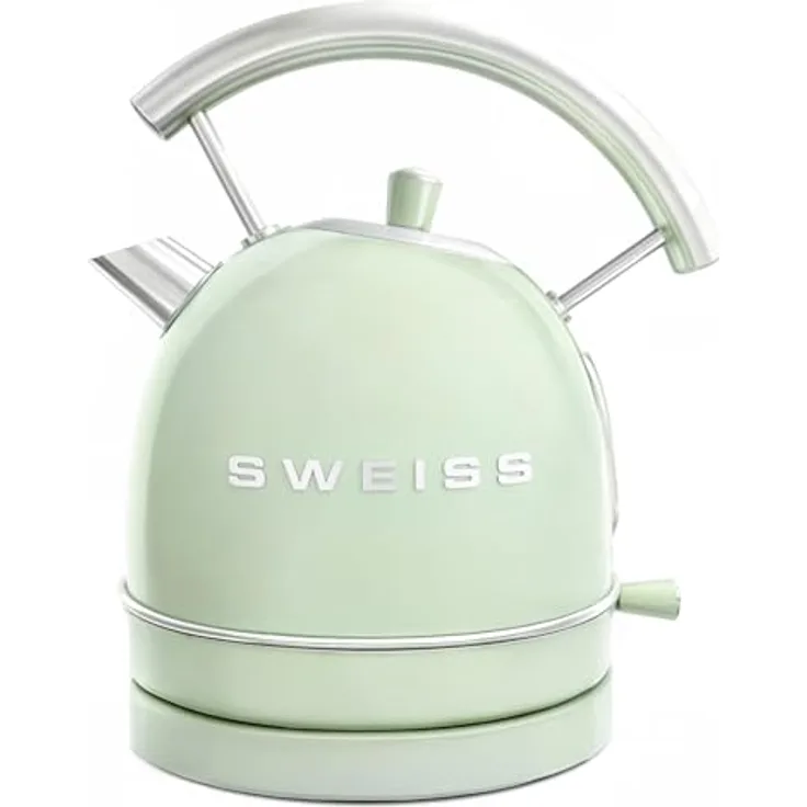 SWEISS Wasserkocher KTL7, Vintage Edelstahl, 1,5 l, 2200 W, 360° Sockel, Grün, automatische Abschaltung, sichtbarer Wasserstand