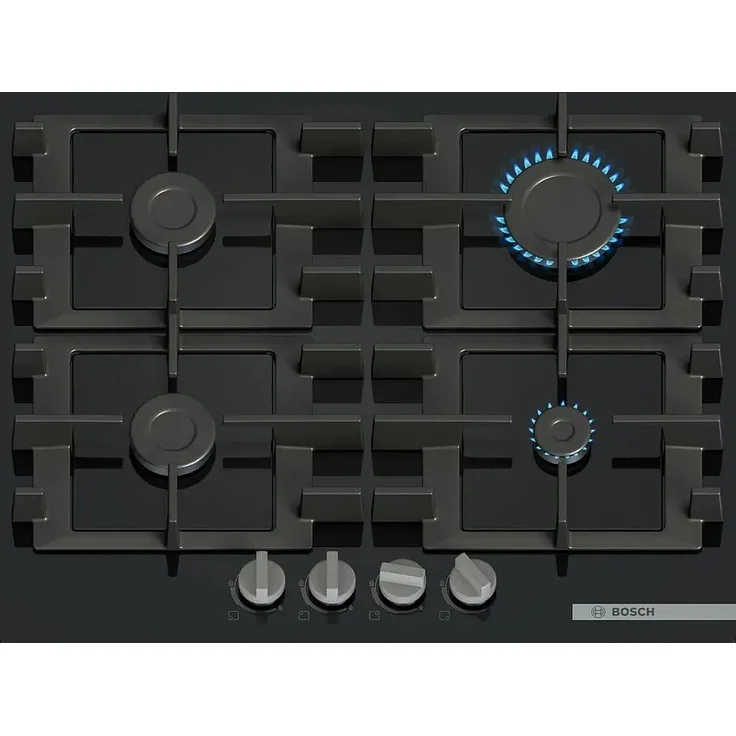 BOSCH Gas-Kochfeld PNP6B6K40, 4-flammig mit gehärtetem Glas, elektronischer Einhandzündung und GasStop Sicherheitsventil, schwarz