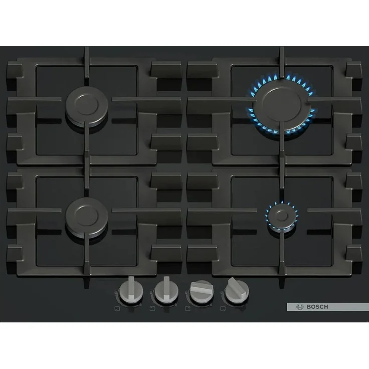 BOSCH Gas-Kochfeld PNP6B6K40, 4-flammig mit gehärtetem Glas, elektronischer Einhandzündung und GasStop Sicherheitsventil, schwarz