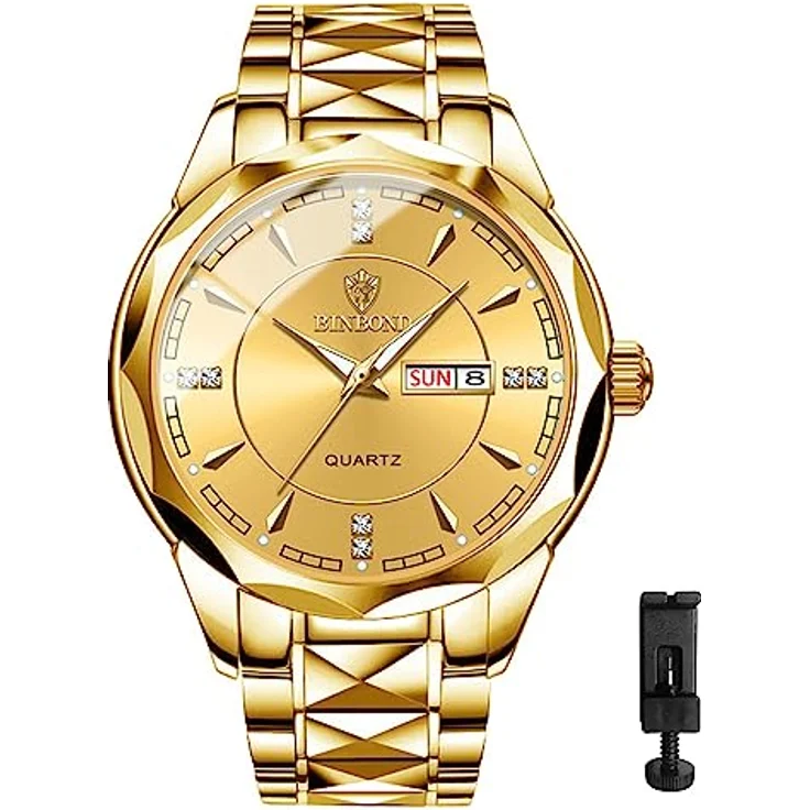 JewelryWe Herrenuhr Edelstahl - Gold Analog Quarz Armbanduhr mit leuchtenden Zeigern, Datum, Woche und 30m Wasserdichtigkeit – Bild 5