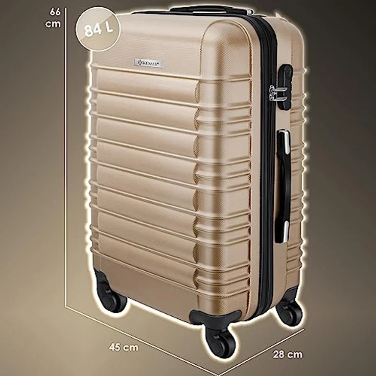 KESSER® Reisekoffer Mittlerer Hartschalen-Koffer Inkl. Kofferwaage + Gepäckanhänger Trolley Gepäck Rollkoffer Zahlenschloss 4 Rollen ABS-Hartschale Teleskopgriff (66x45x28cm / 84 Liter Champagne) – Bild 2