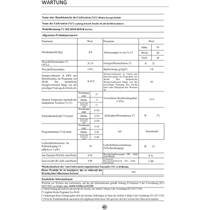 Midea MF200W80WB-14AS, Frontlader-Waschmaschine, A, Fassungsvermögen 8 kg, Standgerät, Breite 60 cm – Bild 8