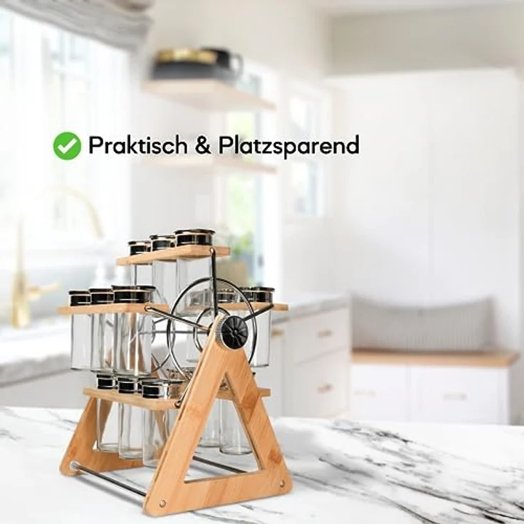 Coradoma Gewürzregal aus Holz - Drehbarres Gewürzkarussell mit 15 Gewürzdosen | Gewürzgläser Spice Rack | Gewürzständer und Küchenregal - Küchen Organizer zur Gewürzaufbewahrung – Bild 2