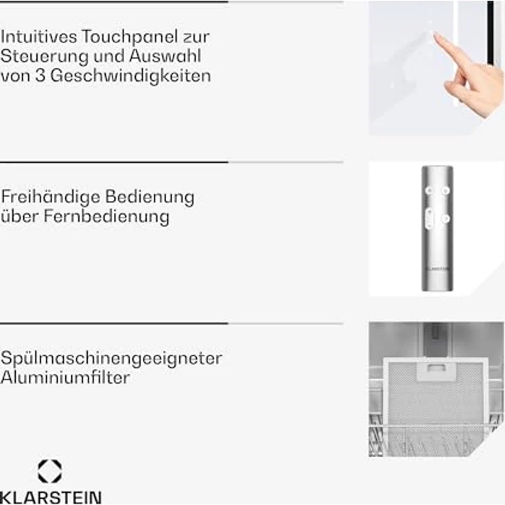 Klarstein LuxeAir Dunstabzugshaube, 562 m³/h Luftstrom, A Energieeffizienz, WLAN & Touch-Steuerung, LED-Beleuchtung, schwarz – Bild 5