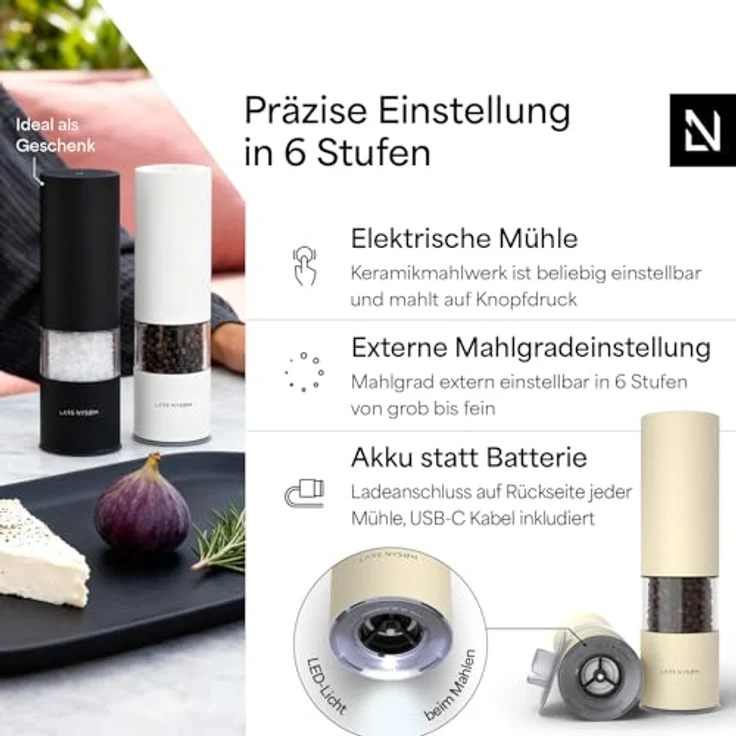 LARS NYSØM Salz- und Pfeffermühle Elektrisch 2er Set, Edelstahl mit einstellbarem Keramik-Mahlwerk, USB-C wiederaufladbar, Almond Beige – Bild 2