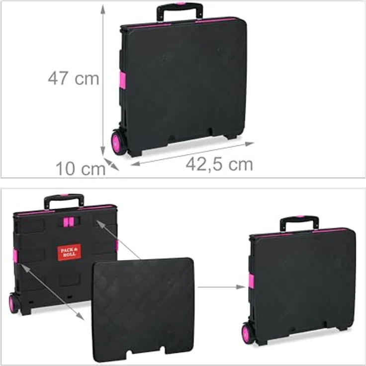 Relaxdays Einkaufstrolley klappbar, bis 35 kg, 50 l Kiste, mit Teleskopgriff, 2 Rollen, Transport Trolley, pink/schwarz – Bild 5