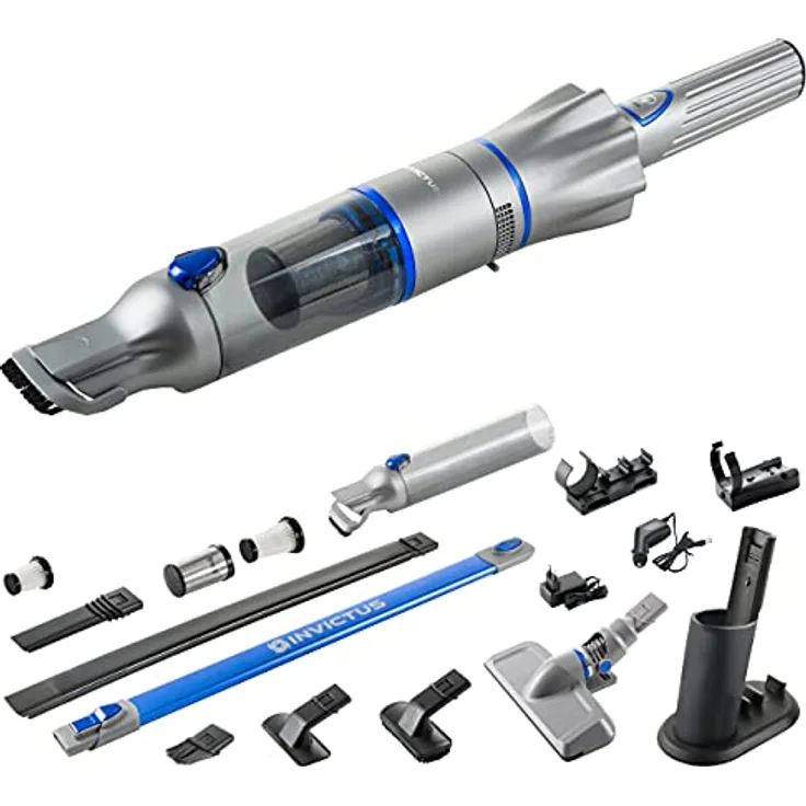 Genius Invictus One 2.0 Handstaubsauger + Bodenstaubsauger 23-TLG blau - Handsauger beutellos & kabellos mit 13000PA | HEPA Filter, Lithium Ionen Akku, Bürsten-Set, Wandhalterung
