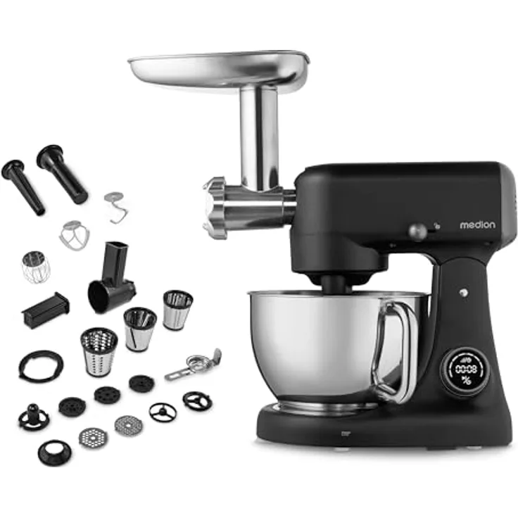 MEDION Digitale Küchenmaschine MD12600, 800 W Gleichstrommotor, Energiesparend, Ultraleise, Digitales Sensor-Touch-Display, 4,6 L Edelstahlschüssel, Inkl. Fleischwolf