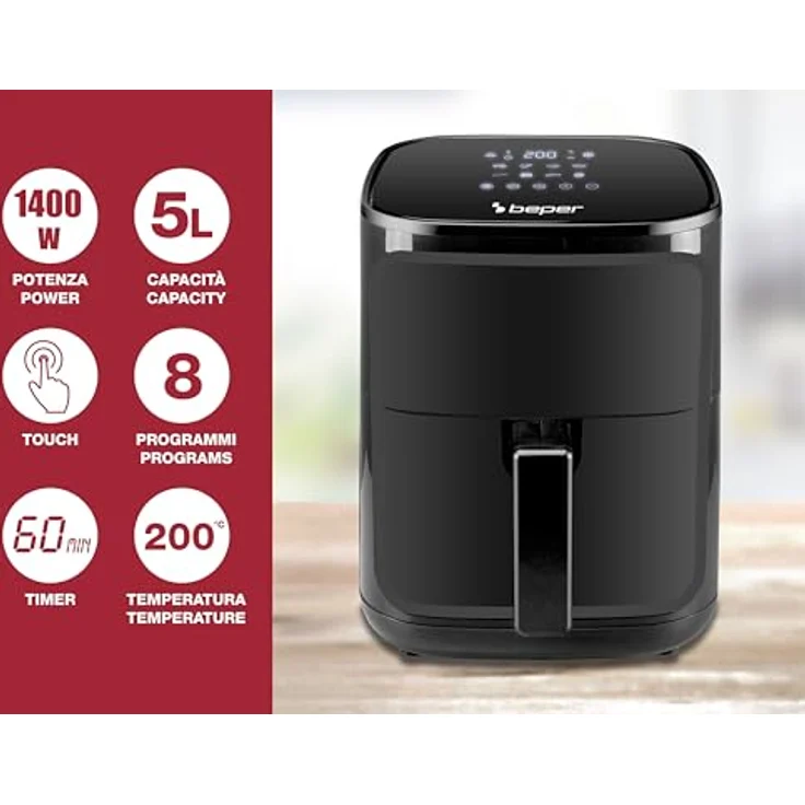 BEPER P101FRI051 Heißluftfritteuse, Frittieren ohne Öl, 5 l, Touchpad, 8 Programme, dimmbar bis 200 °C, Timer 60 Minuten, automatische Abschaltung, Schwarz – Bild 2