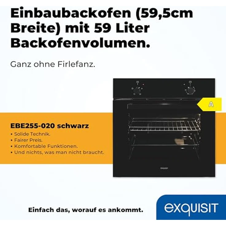 Exquisit Einbaubackofen EBE255-020 schwarz | Energieeffizienzklasse A | 59,0 l Garraum | Einbaubackofen 60 cm – Bild 2