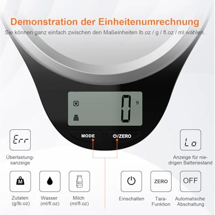 GRIFEMA Küchenwaage 2-5000g, LCD-Display, Tara-Funktion, 6 Einheiten, Auto-Off, Schwarz – Bild 3