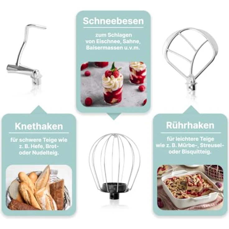 Bomann KM 6030 CB Knetmaschine inkl. transparentem Spritzschutzdeckel mit Nachfüllöffnung, 1100 Watt, 5 Liter, schwenkbarer Multifunktionsarm, Mint – Bild 3