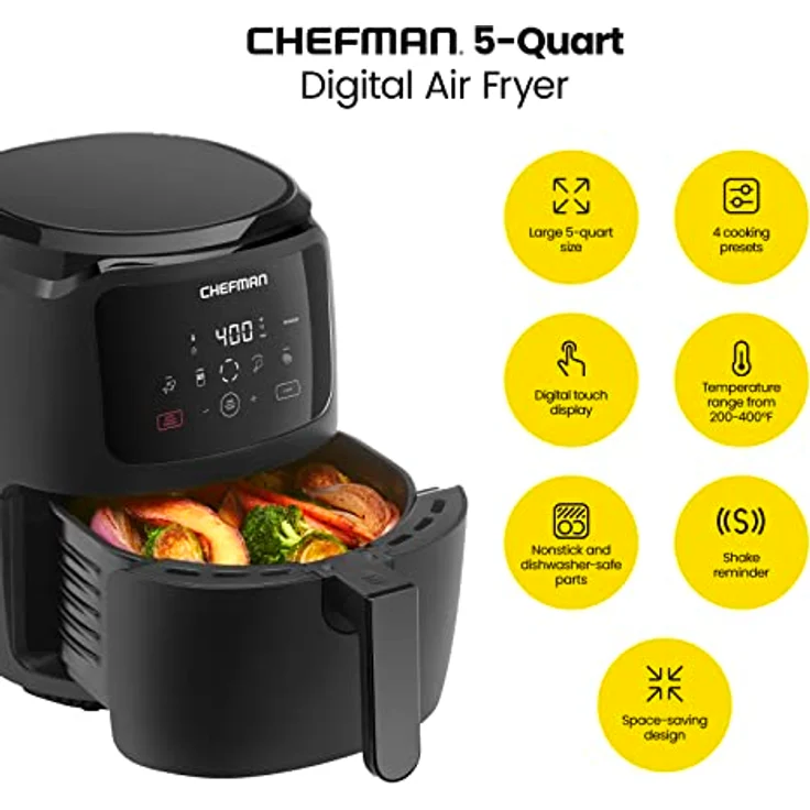 Chefman Digital Air Fryer, One-Touch Control, 4 Cooking Presets, Adjustable Time And Temperature, Fry With 98% Less Oil, LED Shake Reminder, Family Size, 4.75-Litre, Black – Bild 2