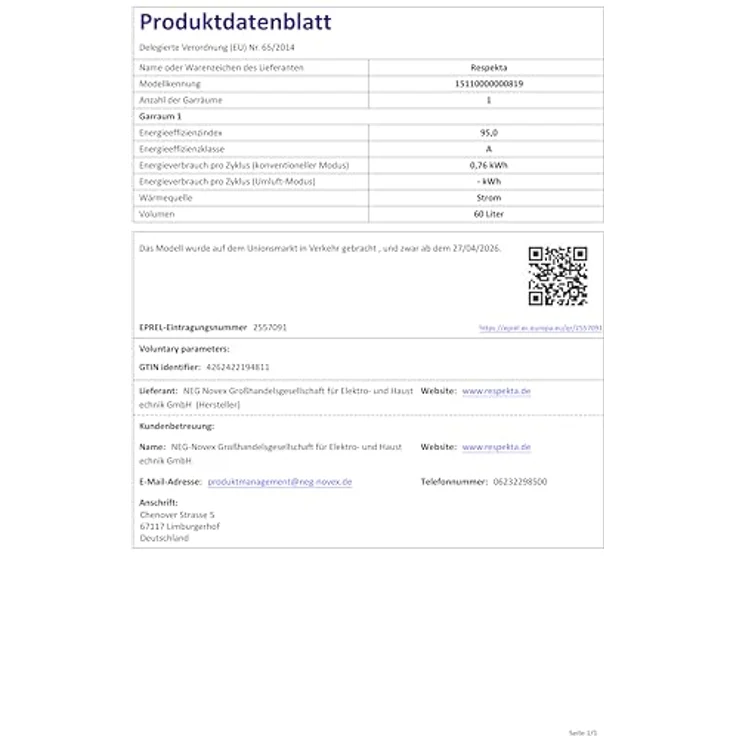 Respekta Einbaubackofen Richard, autarker Backofen mit 60 Liter Garraum, Energieeffizienzklasse A, 3 Beheizungsarten, LED-Beleuchtung, schwarzes Glas – Bild 2