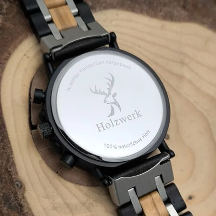 Holzwerk Chronograph DETMOLD Herren Holz Armband Uhr mit Datum, Schwarz/Beige/Silber, 3 Chronographen, Edelstahl/Holz, Japanisches Quarzwerk – Bild 4