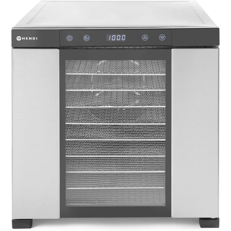 Hendi Profi Line 229026 Dörrautomat, Dehydrator, Dörrgerät, 10 Blechen, für Lebensmittel, Obst- Fleisch- Früchte-, Gemüse-, Fisch-, Kräutern Trockener, 230V, 1000W, 417x535xH430mm, Edelstahl – Bild 1