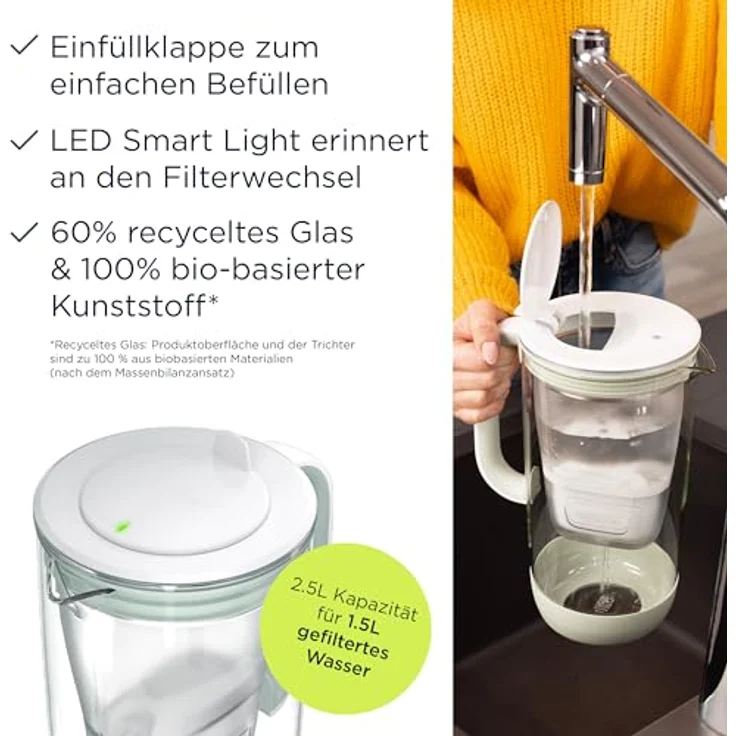 BRITA MAXTRA Glas-Wasserfilter Kanne in sanftem Grün, inkl. 1x Pure Performance Filter, hitzebeständiges Borosilikatglas, LED Smart Light, spülmaschinengeeignet – Bild 3