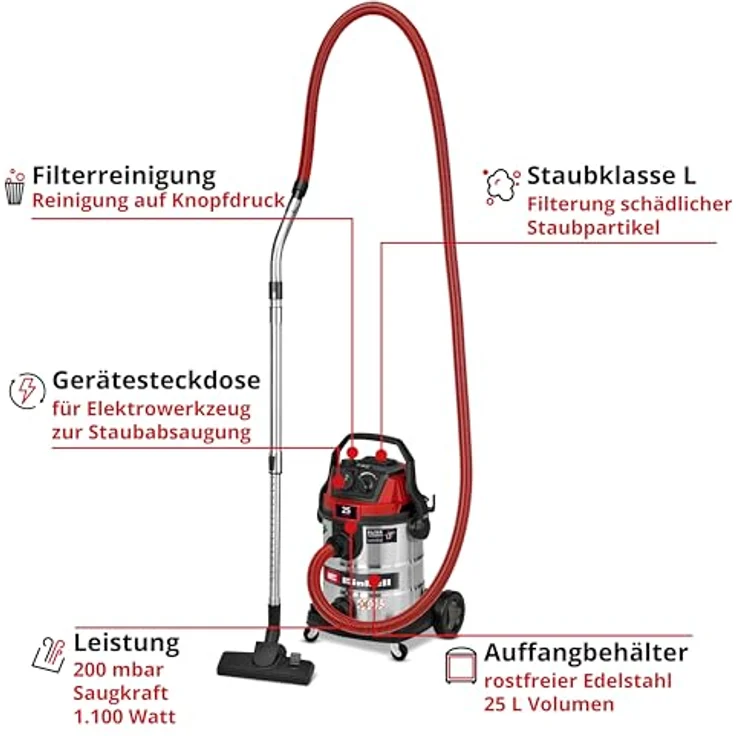 Einhell TE-VC 2580 SACL, Nass-Trockensauger mit 1100 W, 200 mbar Saugleistung, 25 L Behälter, HEPA-Filter und Automatiksteckdose, inkl. Zubehör – Bild 3