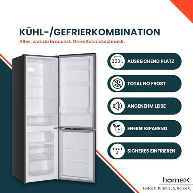 homeX CFSN2531C-S, Kühlschrank mit Gefrierfach No Frost, Kühl-Gefrier-Kombination 253 Liter, silber – Bild 2