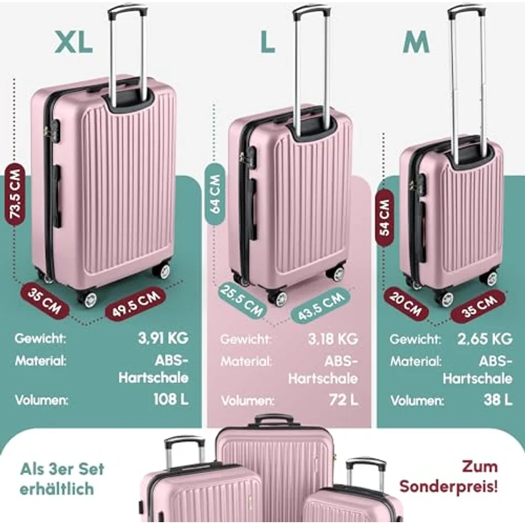 Easy Move ABS Hartschalenkoffer [ERGONOMISCH & SICHER] - Großer Trolley Koffer mit 360° Rädern, Zahlen Schloss - reisekoffer groß, hartschalenkoffer, Luggage (Pink, Set) * – Bild 5