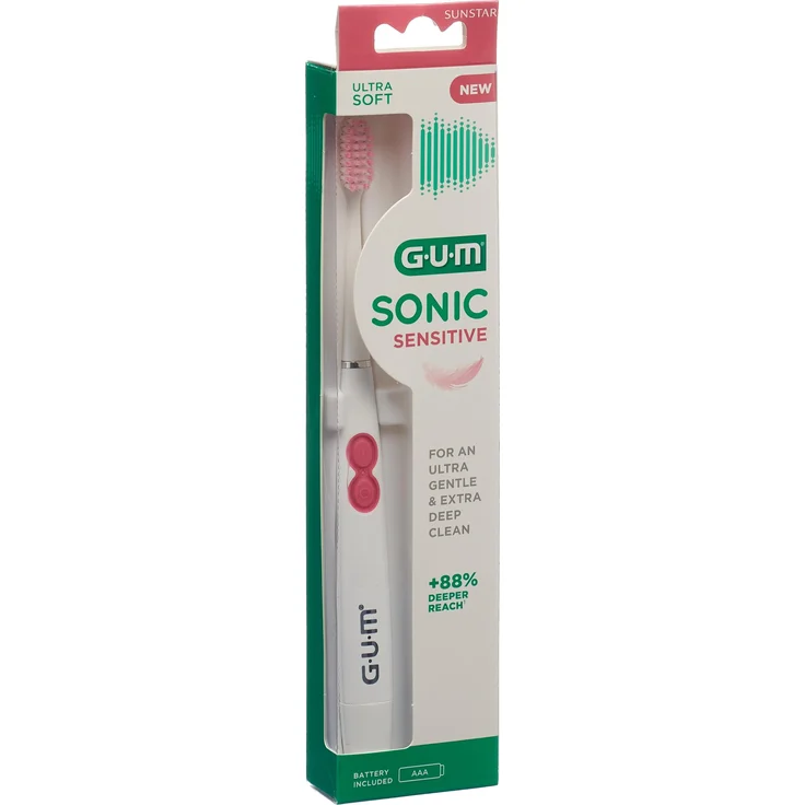 GUM Sonic Sensitive, Elektrische Zahnbürste mit sanfter Schalltechnologie für empfindliche Zähne, weiß