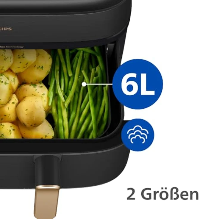 Philips Heißluftfritteuse 5000 Series NA552/00, Dual Basket mit Steam und 9L Kapazität (6L+3L), 2750 W, RapidAir Plus Technologie, Dampfreinigung, HomeID App, Schwarz/Kupfer – Bild 8