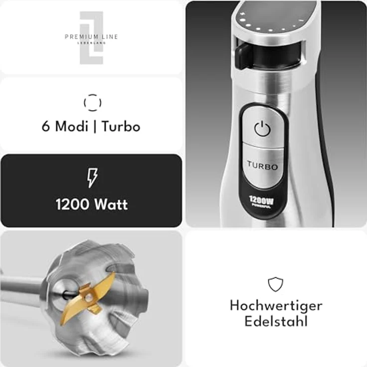 LEBENLANG Premium 1200W Stabmixer Set, 5in1 inklusive Zubehör & Spritzschutz, stufenlos verstellbar mit Turbo-Modus, Edelstahl, Mixstab zum Pürieren von Saucen, Smoothies, Babybrei und mehr – Bild 3