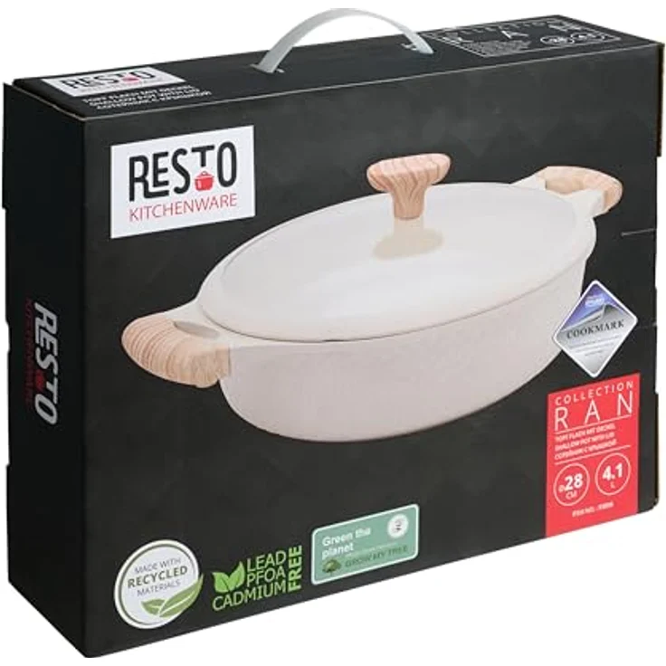 RESTO 93806 Bräter Ø28cm beige, 4,1L, antihaftbeschichtet, Induktion, mit Glasdeckel und ergonomischen Holzoptikgriffen, im Geschenkkarton – Bild 5