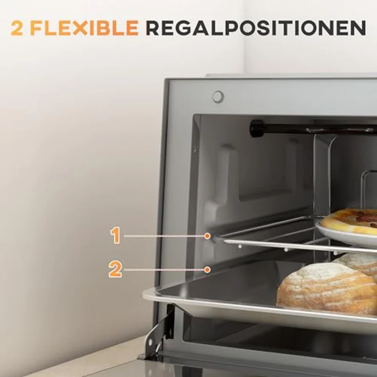 HOMCOM Minibackofen 9L Mini Ofen mit Backblech, Grillrost, einstellbarer Temperatur und Timer, 750W, Edelstahl, Silber – Bild 4