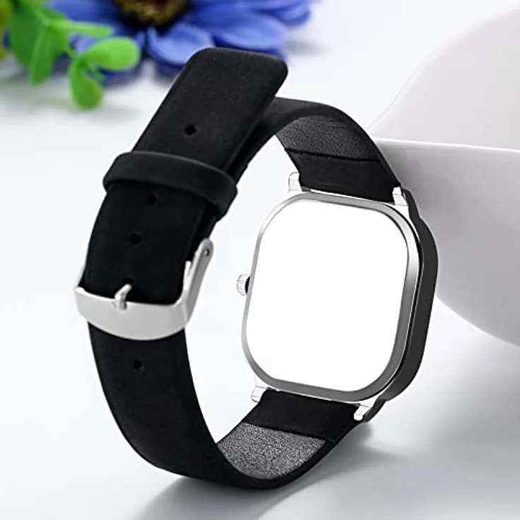 JewelryWe Herren Damen Armbanduhr, Klassische Analog Quarz Uhr mit Römischen Ziffern, Quadrat Zifferblatt, Leder Armband in Schwarz, Wasserdicht bis 10M – Bild 4