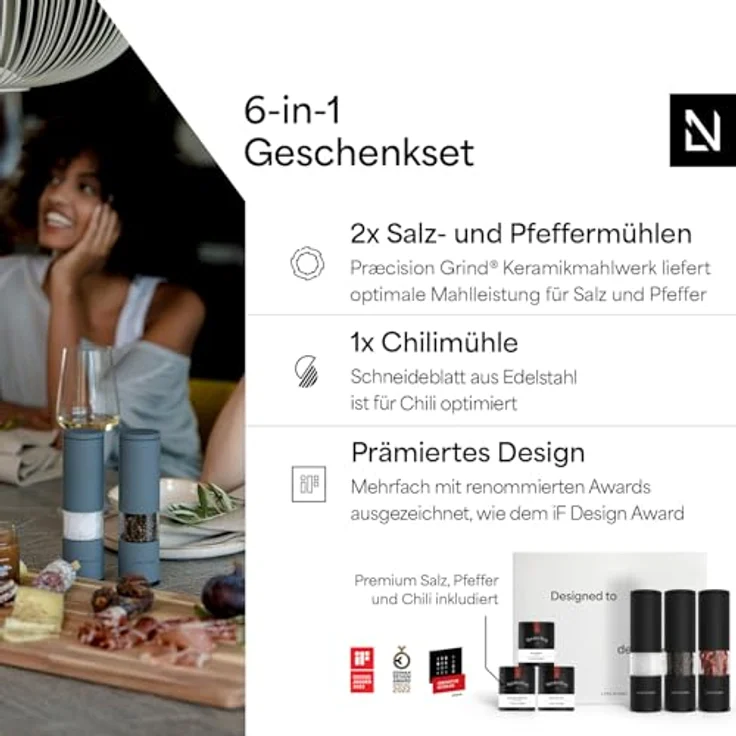 LARS NYSØM Gewürzmühlen Geschenkset, Salz und Pfeffermühlen Set mit Chilimühle & 3 Gewürzdosen (Carbon Black) – Bild 3