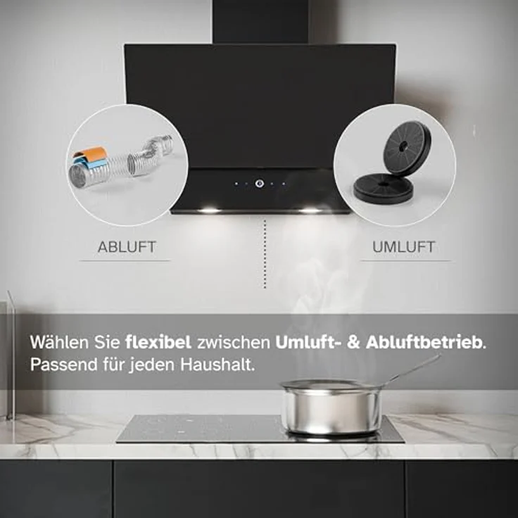 Heinrich´s HEINRICHS Dunstabzugshaube, 60cm Abluft/Umluft-Dunstabzugshaube, 560m³/h Saugkraft, mit LED-Ambientebeleuchtung, platzsparend, 3 Geschwindigkeitsstufen, inkl. Aktivkohlefilter, 75W Leistung, Schwarz – Bild 5