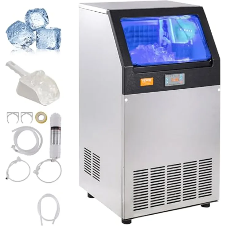 VEVOR Kommerzieller Eisbereiter, 45 kg/24 h, 55 Eiswürfel in 12–15 Minuten, 15 kg Speicherkapazität, LED-Digitalanzeige