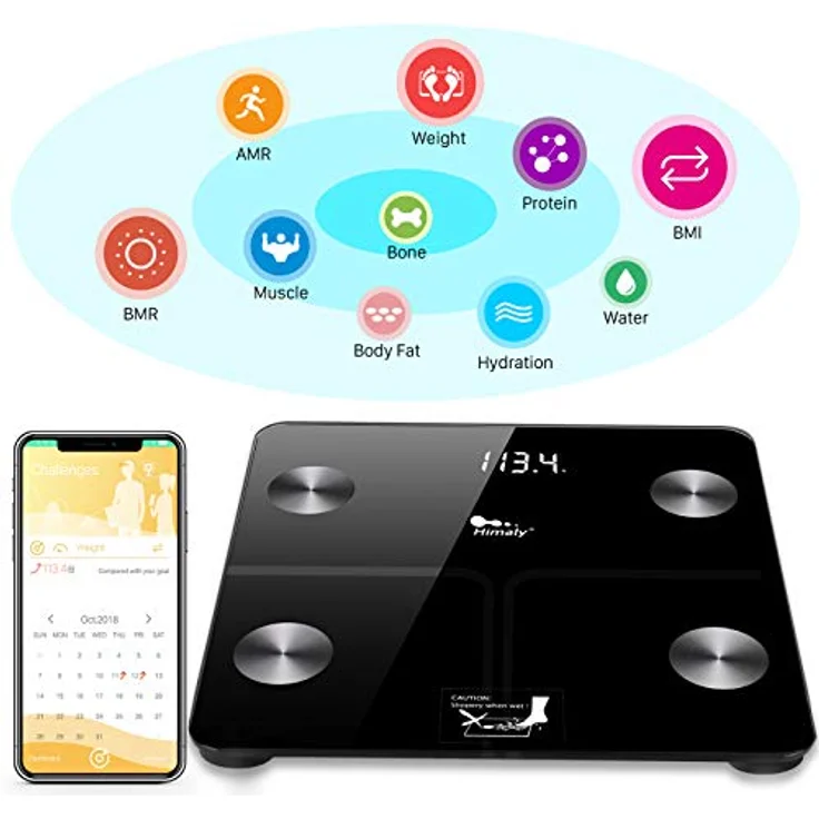 himaly Körperfettwaage Smart Digitale Personenwaage Bluetooth-kompatibel Körperwaage für Körperfett, Gewicht, Körpergewicht, BMI, Körperwasser, Knochenmasse, Kalorien, viszerales Fett Badezimmerwaage – Bild 2