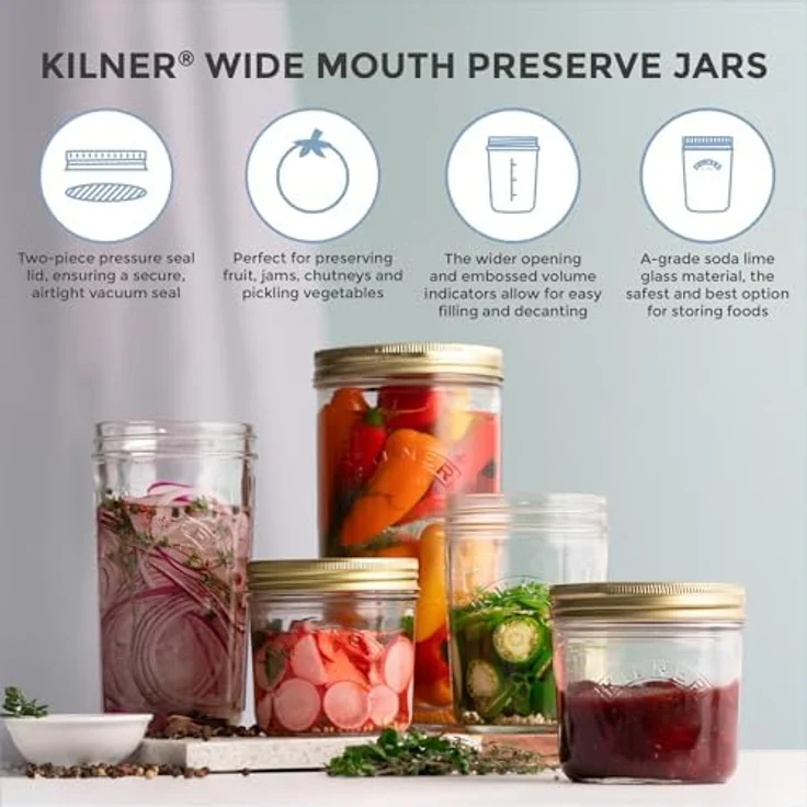 KILNER Einmachglas 1l, Twist-Off mit vakuumversiegelndem Deckel, 4er Set, transparente Gläser mit Mengenskala – Bild 5