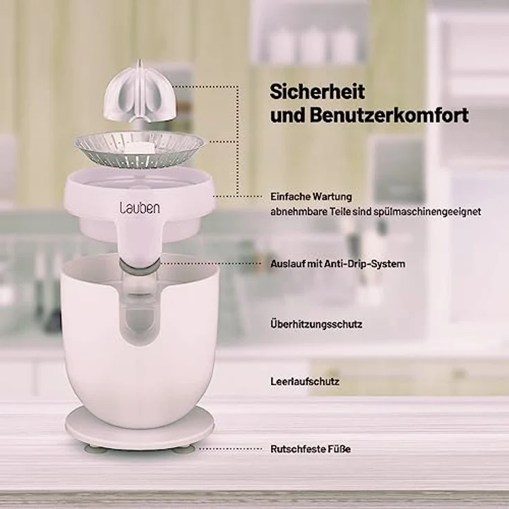 Lauben Electric Citrus Juicer 110WT Elektrische Zitruspresse mit Anti-Drip-Funktion, Leiser Betrieb, Filter für Fruchtfleisch, Automatisches Einschalten - Silber – Bild 5
