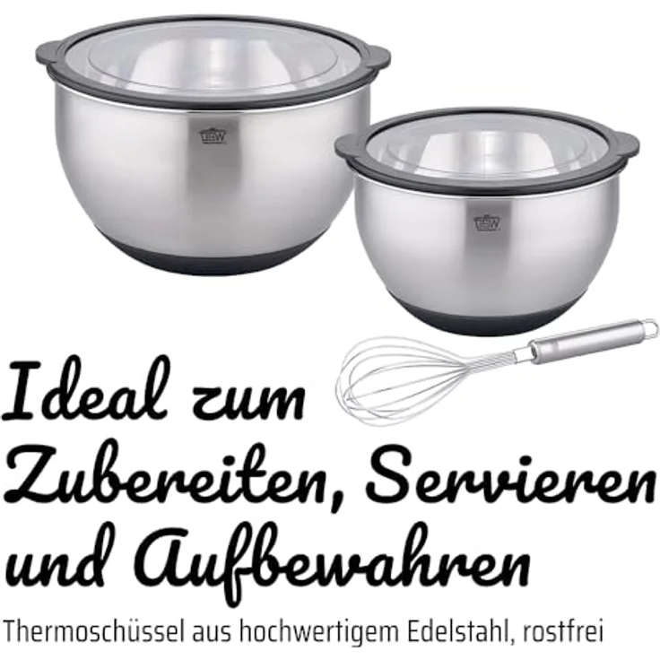 GSW Servierschüsselset Primo, Hochwertige Edelstahl Rühr- & Salatschüsseln mit luftdichtem Deckel, Teigschüssel, Küchenschüssel & Servierschale, 16cm/20cm/24cm – Bild 3