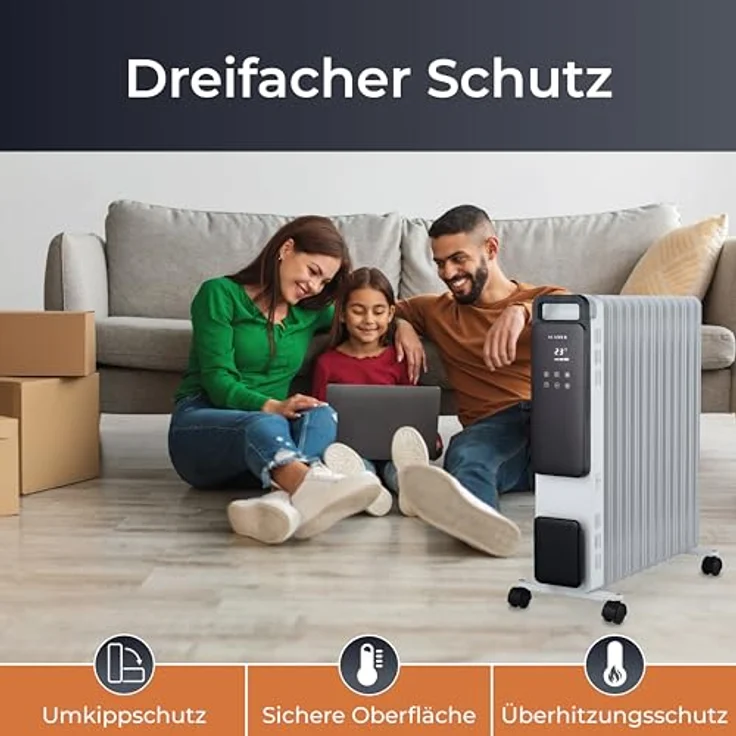 KLAMER Ölradiator 2500 W, Elektroheizung energiesparend, 13 Rippen, 3 Heizstufen mit Eco-Modus, 24h Timer, Thermostat, Überhitzungs- & Kippschutz, mit Fernbedienung, für Innenräume, weiß – Bild 5