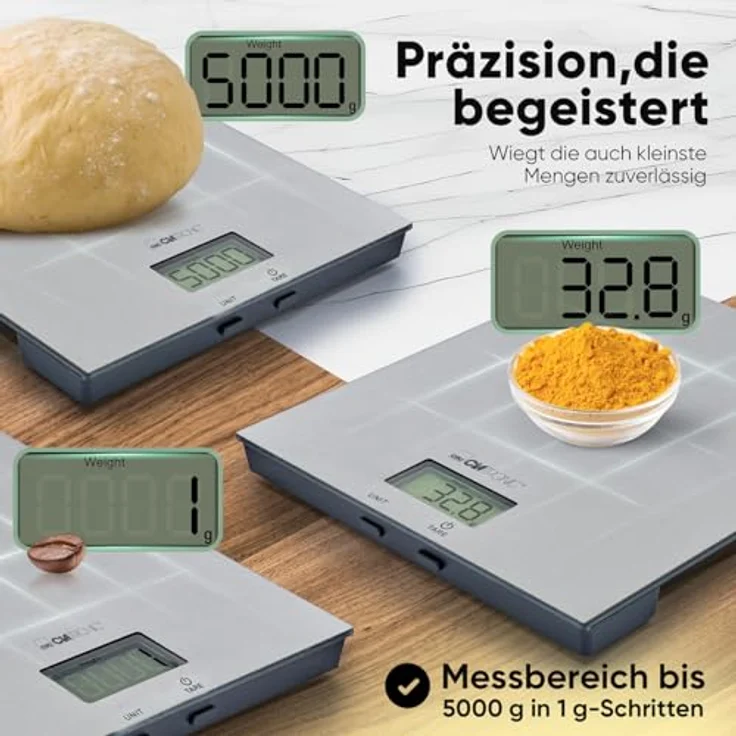 Clatronic KW 3821, digitale Küchenwaage aus Edelstahl mit 1g Schritten bis 5kg, Cup-Angabe, Tara-Funktion, extra flach für Trend-Rezepte – Bild 2