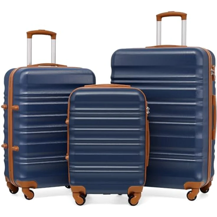 COOLIFE Hartschalen-Koffer Trolley Rollkoffer, Koffer-Set mit TSA-Schloss, 4 Rollen, 3 Größen (Blau/Braun) – Bild 1