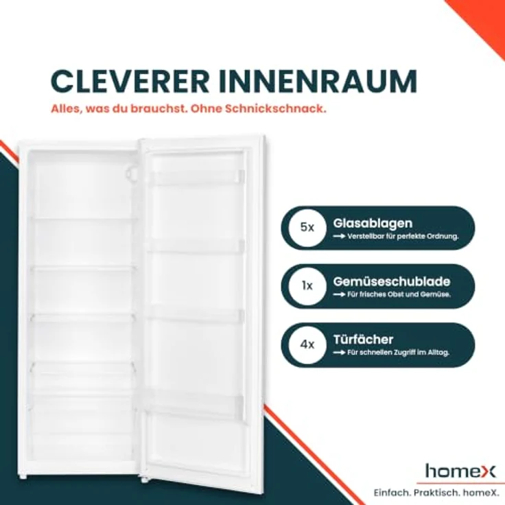 homeX CS2422E-W Kühlschrank ohne Gefrierfach, 242 Liter Nutzinhalt, freistehend, 143 cm hoch, weiß, leise mit LED-Beleuchtung – Bild 3