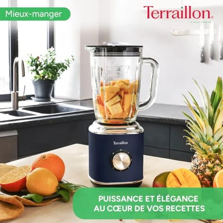 Terraillon New Moon, Elektrischer Standmixer mit 1,75 l Glas-Schüssel, 600 W, 5 Geschwindigkeiten, Pulsfunktion, Edelstahlklingen, Überlaufschutz – Bild 2