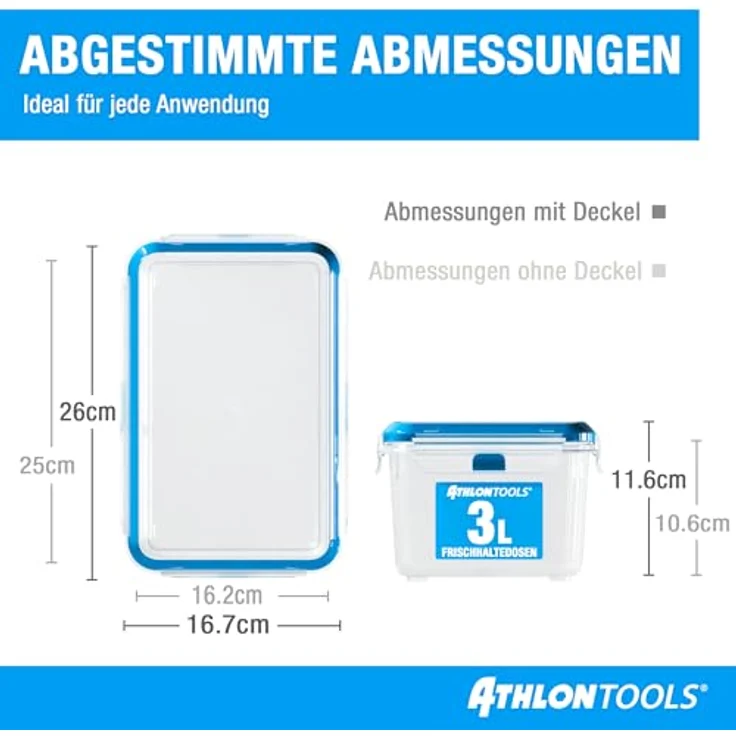 ATHLON TOOLS 4x 3L Frischhaltedosen-Set, Gastro-Qualität, 100% luftdicht, auslaufsicher, BPA-frei, stapelbar, spülmaschinen- und mikrowellengeeignet – Bild 2