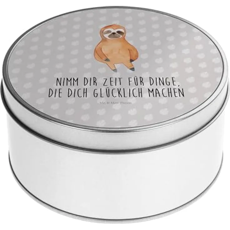 Mr. & Mrs. Panda Blechdose rund Faultier Zufrieden - Grau Pastell - Geschenk, Ruhe, Keksdose, Metallbox