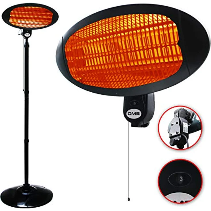 DMS® 2in1 Stand Infrarotstrahler | 2000 Watt | 3 Heizstufen | IP34 Spritzwasserschutz | für Innen- und Außenbereich | Teleskopstange 180 cm - 210 cm | Wandhalterung | Heizkörper – Bild 2