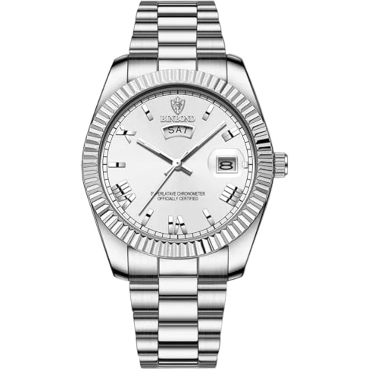 JewelryWe Herrenuhr Edelstahl mit Leuchtzeigern, 30m wasserdicht, analoges Quarzwerk, Woche & Datum, silbernes Edelstahlarmband mit römischen Ziffern – Bild 1