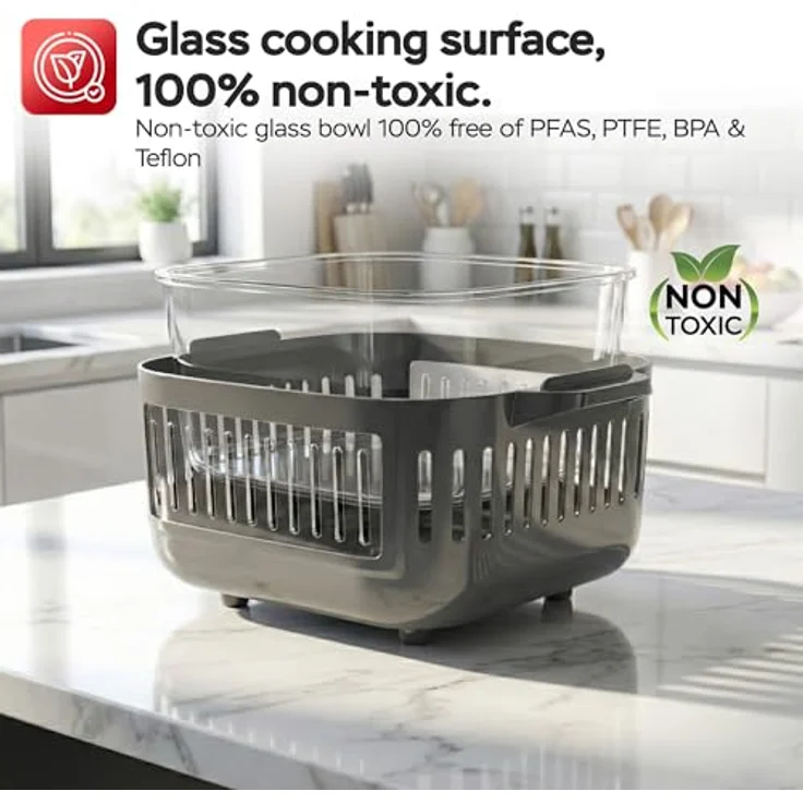 TurboTronic Heißluftfritteuse TT-AFG6, 6 L Glas Airfryer mit 1600 W, digitalem Touch-Display, 7 Programmen, Temperaturregelung 50–180 °C, BPA-frei, grau – Bild 2
