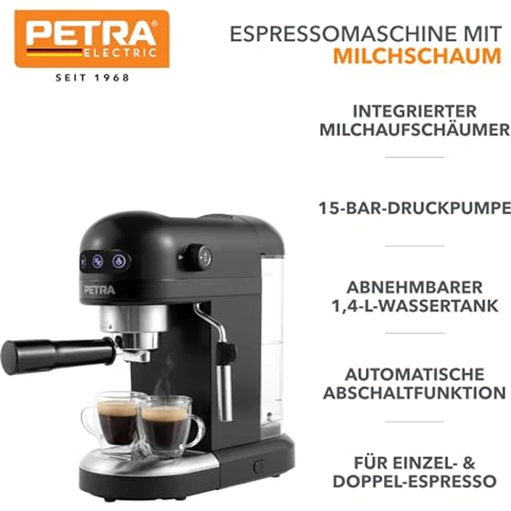 Petra PT5240BVDE Espresso Machine, Siebträgermaschine mit 15 bar Druckpumpe und Milchaufschäumer, Schwarz – Bild 2