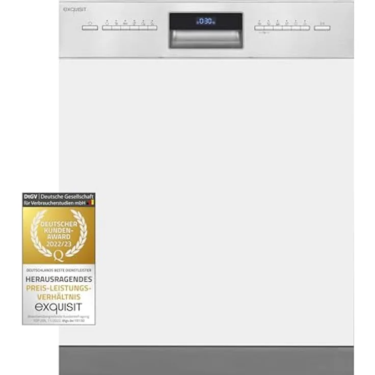 Exquisit Einbau-Geschirrspüler EGSP9614-EB-030B inox | Teilintegrierter Geschirrspüler 60 cm | 14 Maßgedecke | Bodenlicht | Spülmaschine teilintegriert 60 cm Aquastop