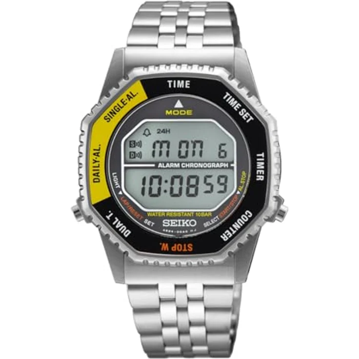 Seiko Digitaluhr Armbanduhr Rotocall, Digital-Chronograph mit Quarzwerk, schwarz/gelb, 10 bar wasserdicht, Edelstahl, Stoppfunktion, Alarm, Timer – Bild 1